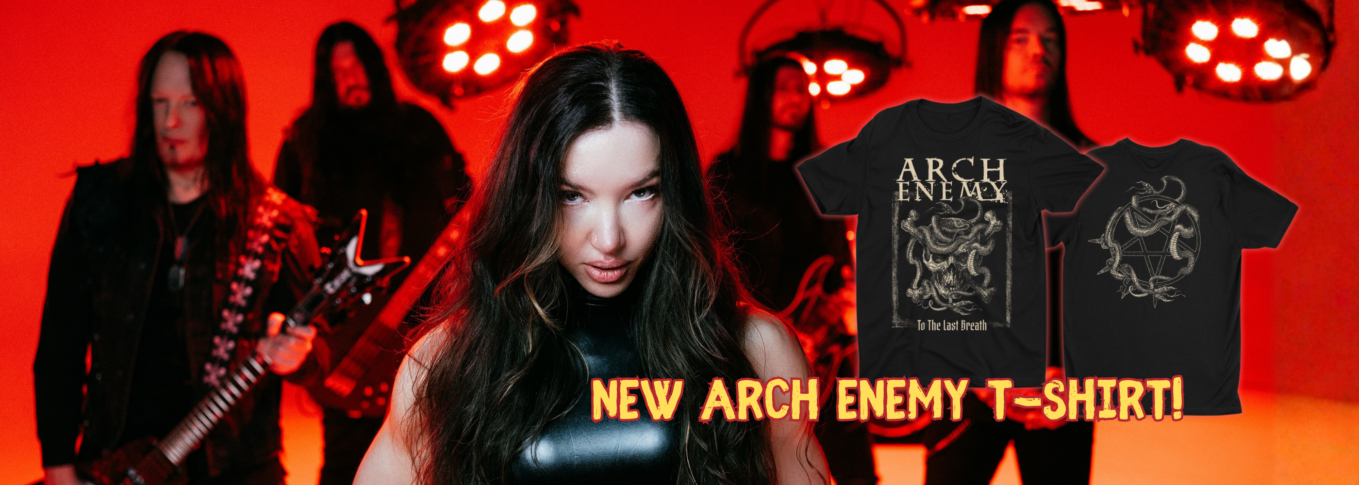 Arch Enemy Band Photo with band members on a stage with red lighting