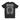 Black t-shirt with white graphic design and text on a white background