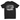 Black t-shirt with a white graphic design on a white background
