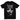 Black t-shirt with graphic design and text on a white background