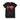 Black t-shirt with red and white graphic design on a white background