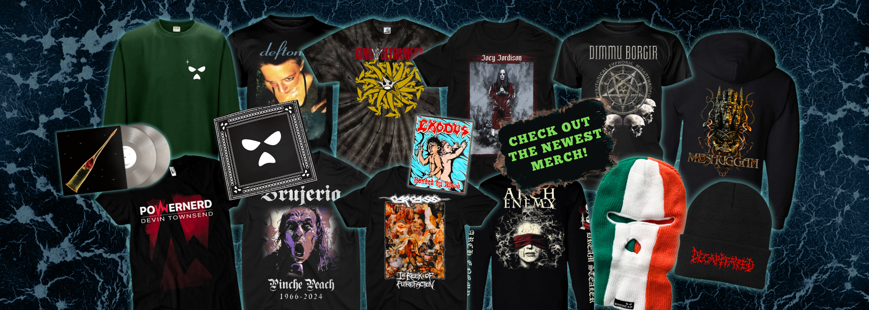 T-shirts, hoodies, pins, music and more items for sale for the bands