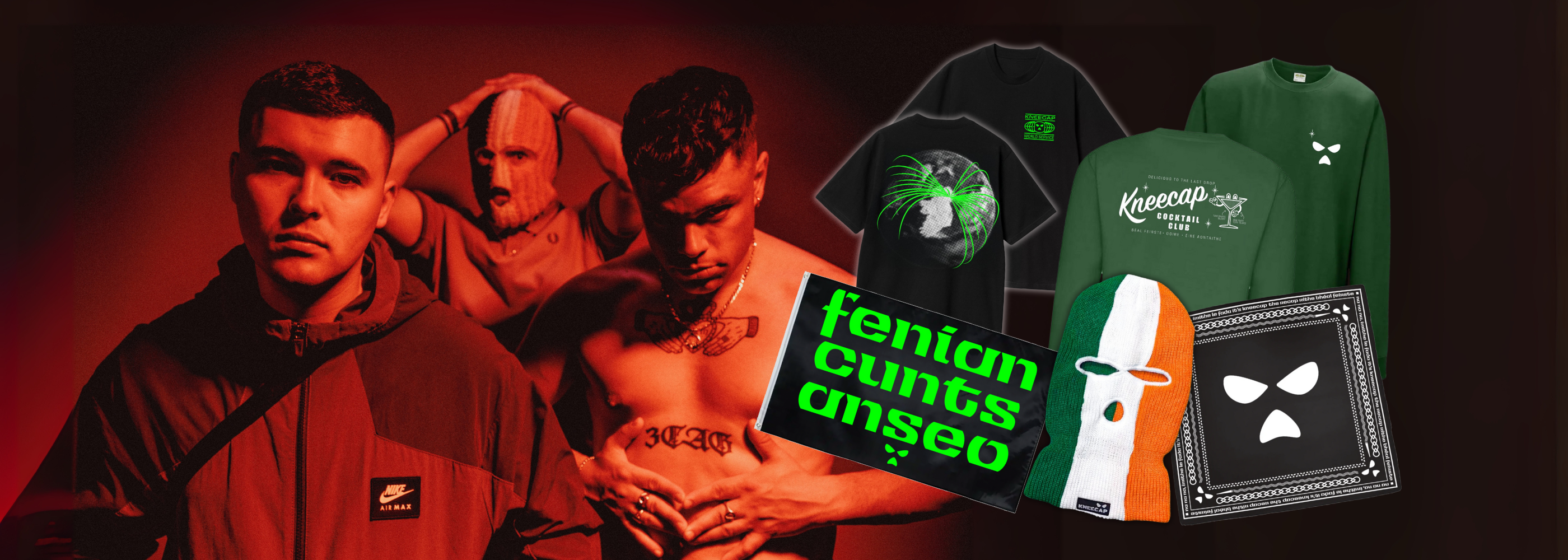 Kneecap and their merchandise line with tees, sweatshirt, bandana, flag, and balaclava