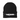 Black beanie with white embroidered design on a white background