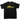 Black t-shirt with yellow text and graphics on a white background